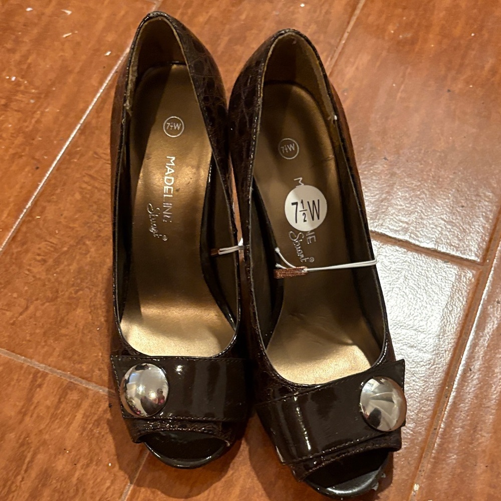 Madeline Stuart Black Patent Peep-Toe Heels